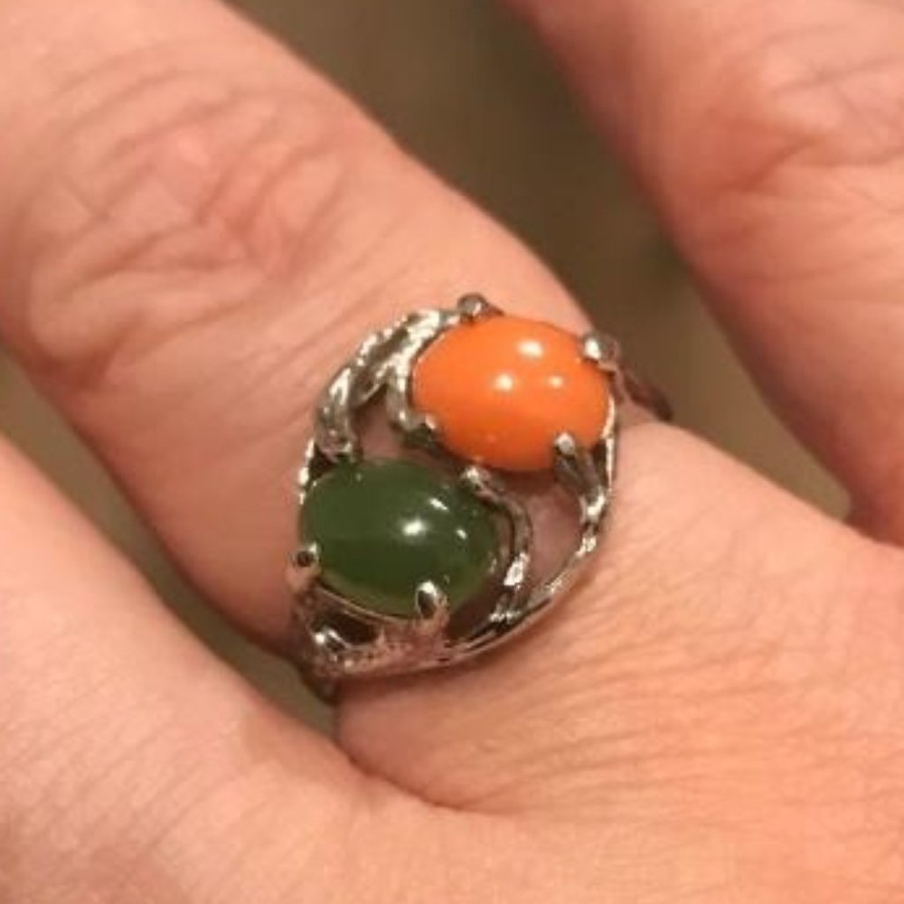925 Silver Branch Ring with Nephrite & Coral Cabochons